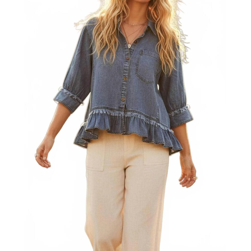 NEW SEWN AND SEEN tencel ruffle hem shirt in mineral washed